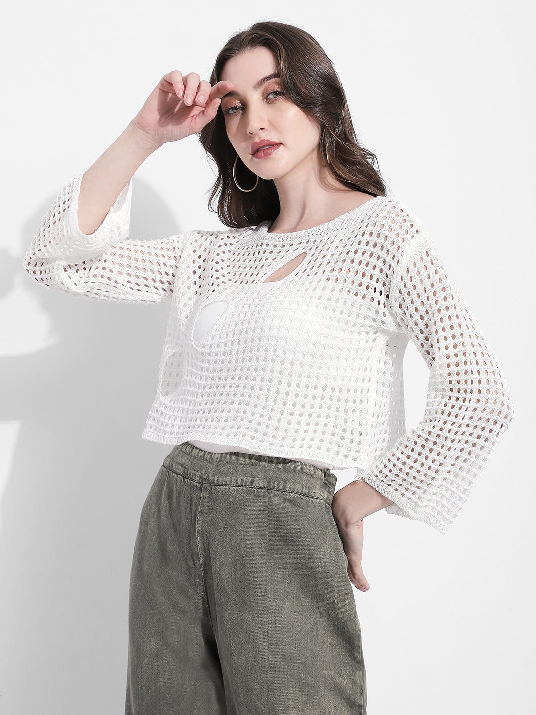 Women's Crochet Open Knit White Cut Out Crop Top with Inner