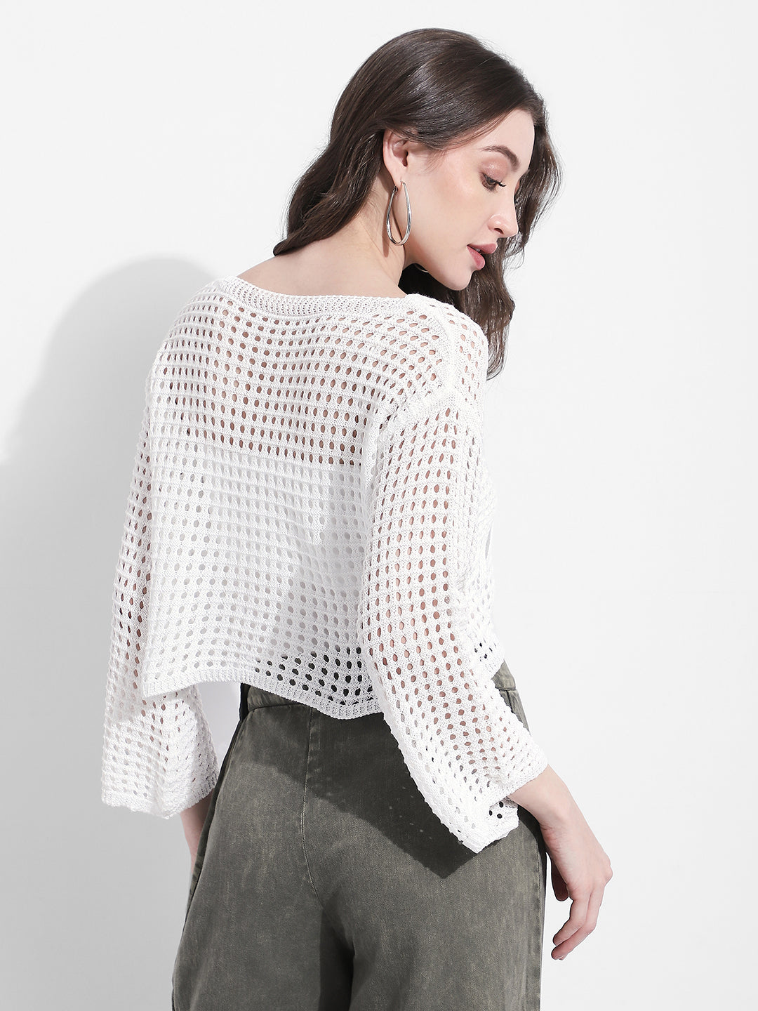 Women's Crochet Open Knit White Cut Out Crop Top with Inner