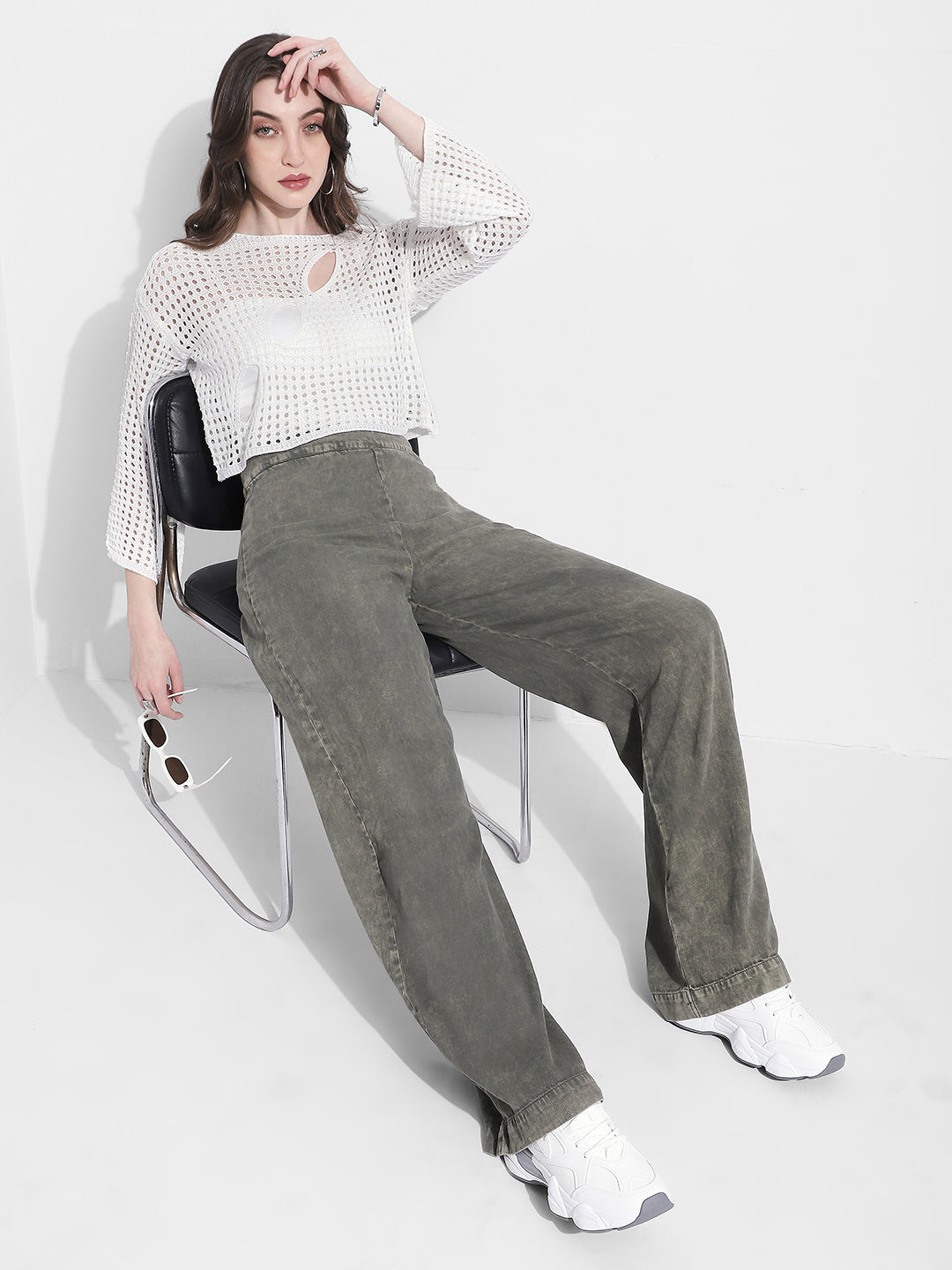 Women's Crochet Open Knit White Cut Out Crop Top with Inner