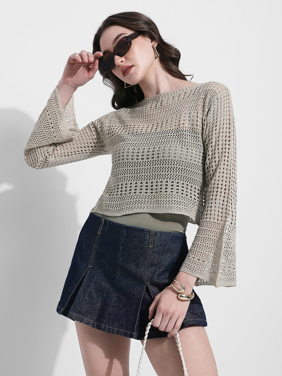 Women's Beige Crochet Long Sleeves Top with Inner