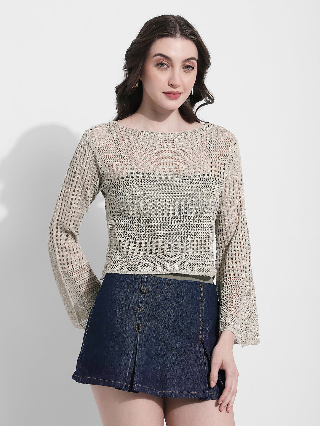 Women's Beige Crochet Long Sleeves Top with Inner