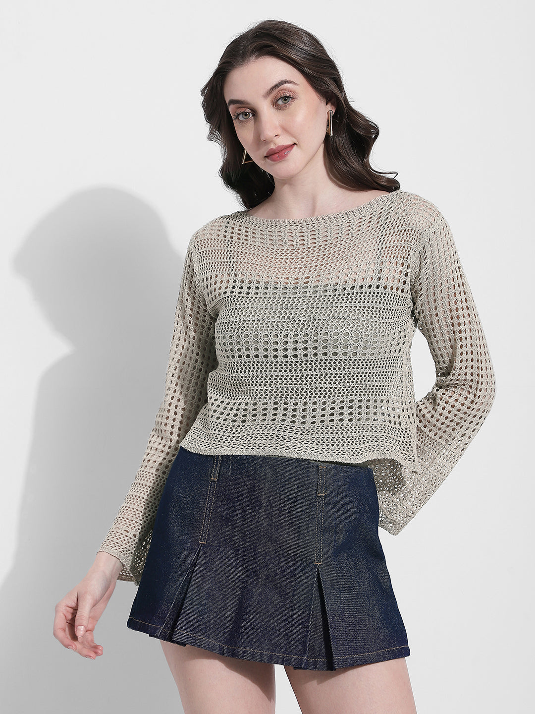 Women's Beige Crochet Long Sleeves Top with Inner