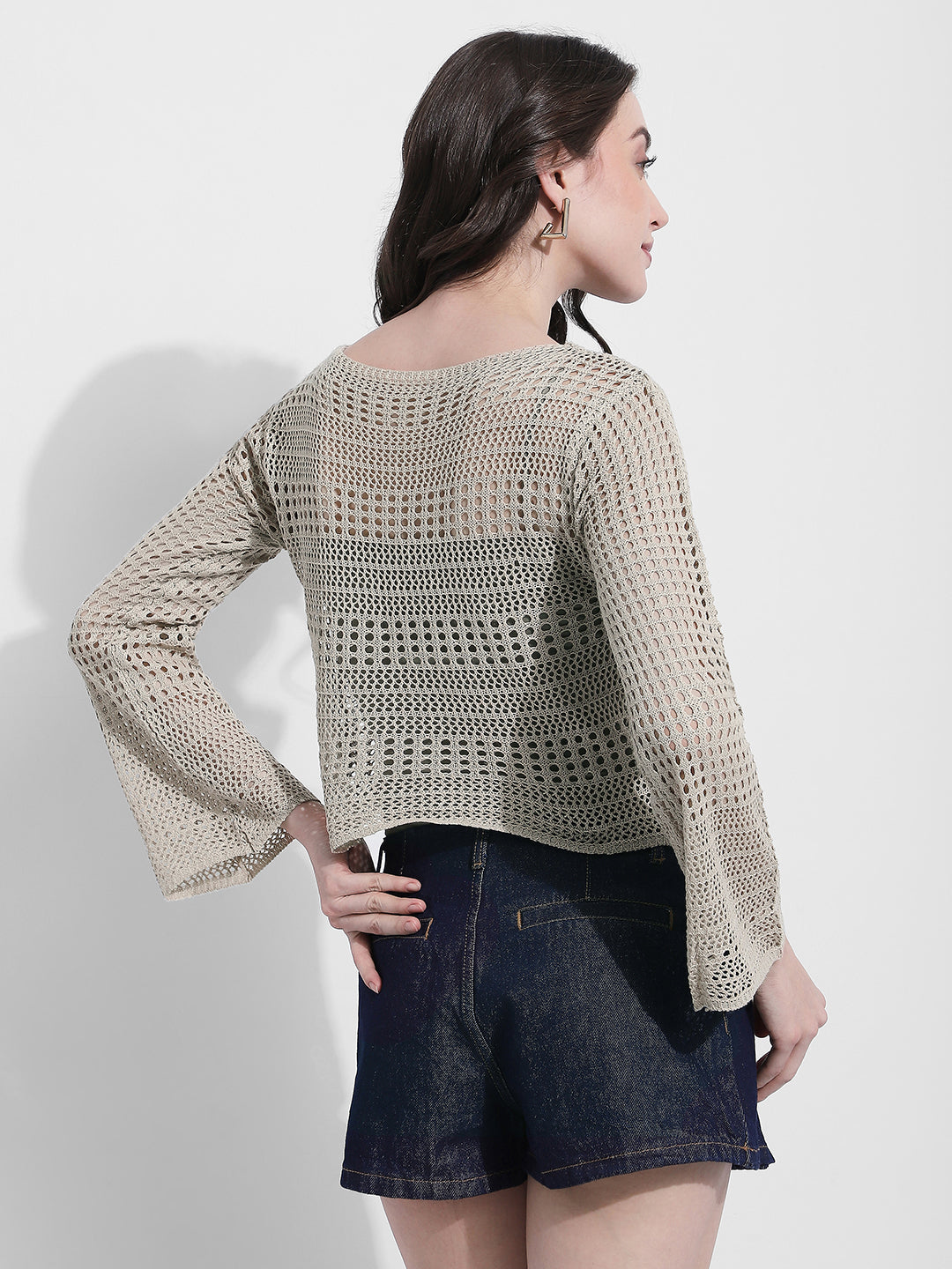 Women's Beige Crochet Long Sleeves Top with Inner