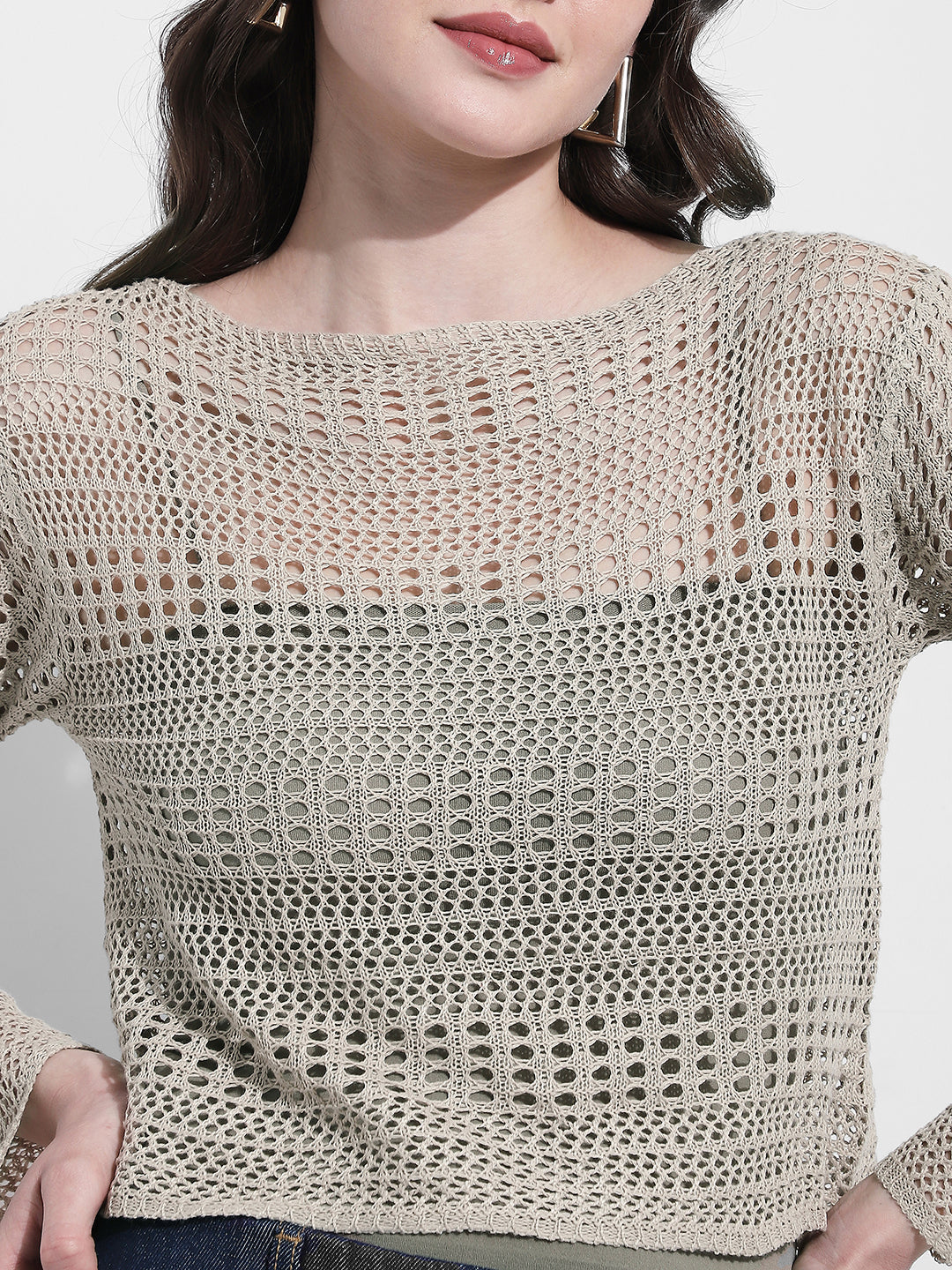 Women's Beige Crochet Long Sleeves Top with Inner