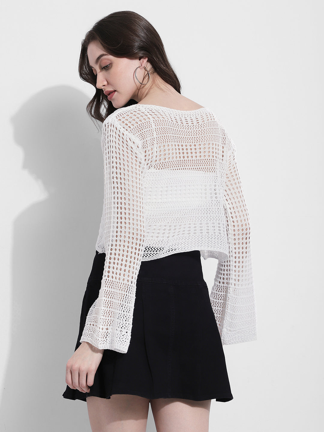 Women's White Crochet Long Sleeves Top with Inner