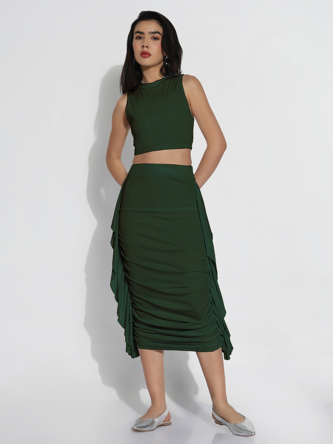 Women Green Solid Skirt & Top Co-ords Set