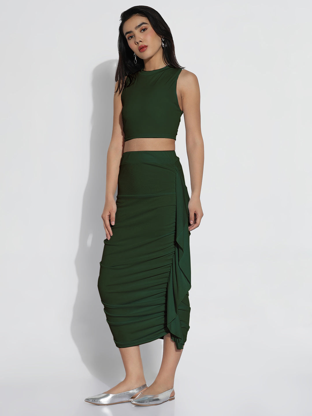 Women Green Solid Skirt & Top Co-ords Set