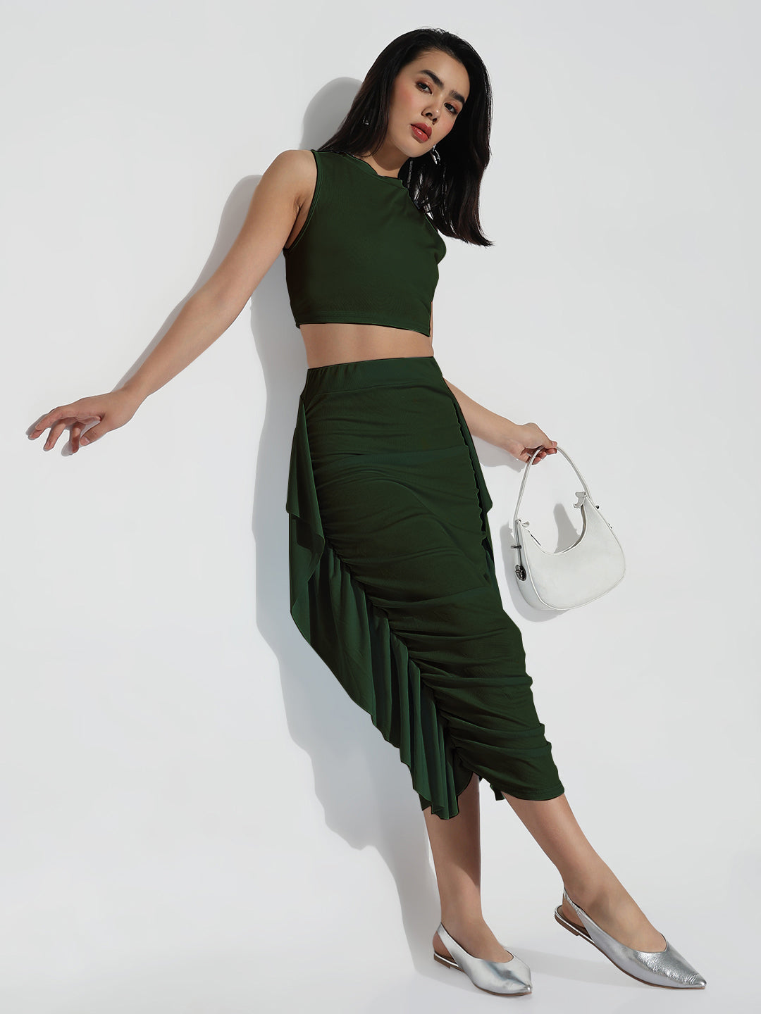 Women Green Solid Skirt & Top Co-ords Set