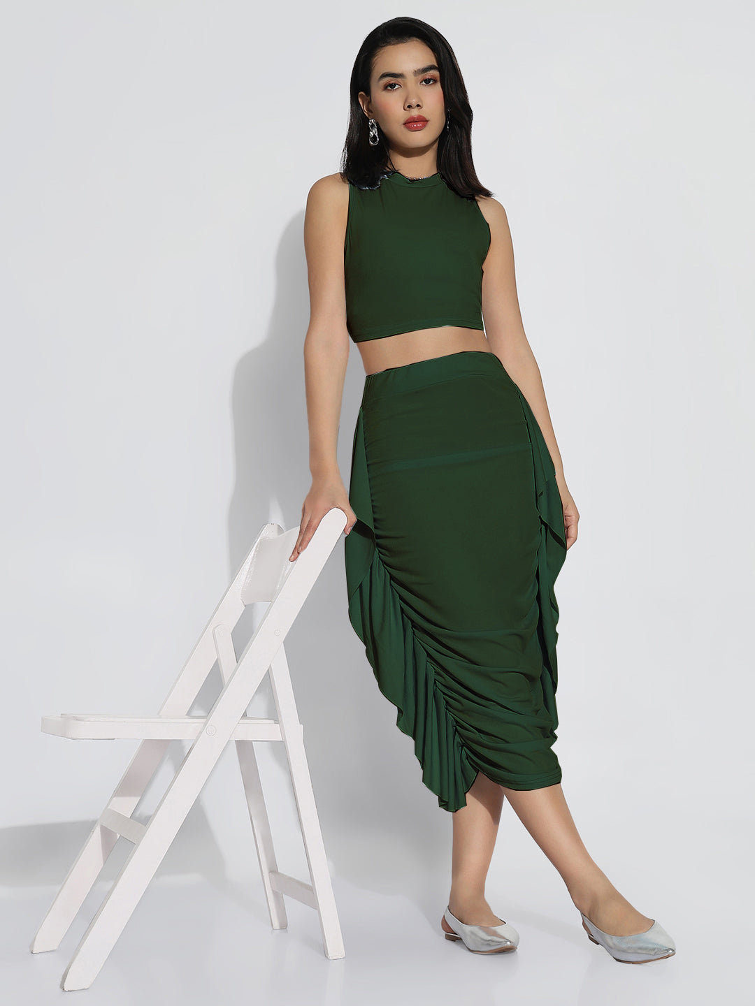 Women Green Solid Skirt & Top Co-ords Set