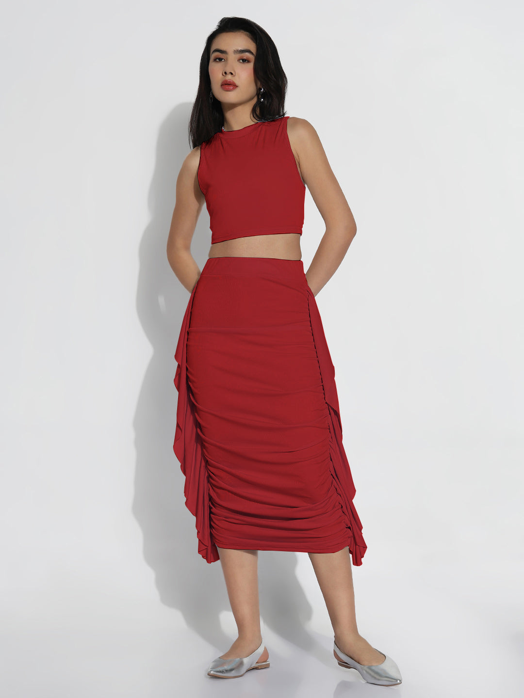 Women Red Solid Off-Shoulder Co-ords Set