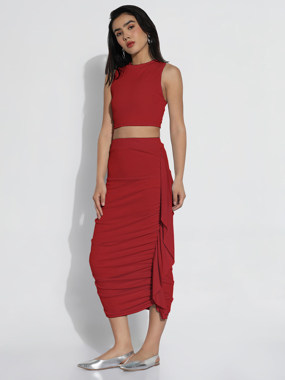 Women Red Solid Off-Shoulder Co-ords Set