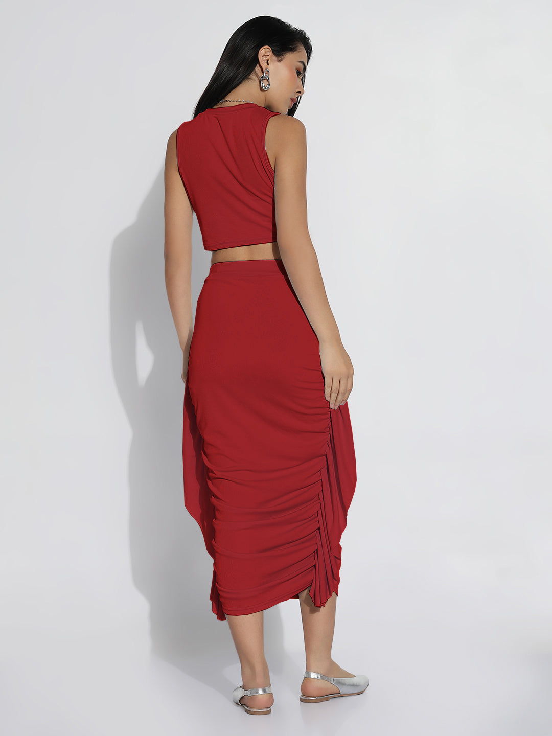 Women Red Solid Off-Shoulder Co-ords Set