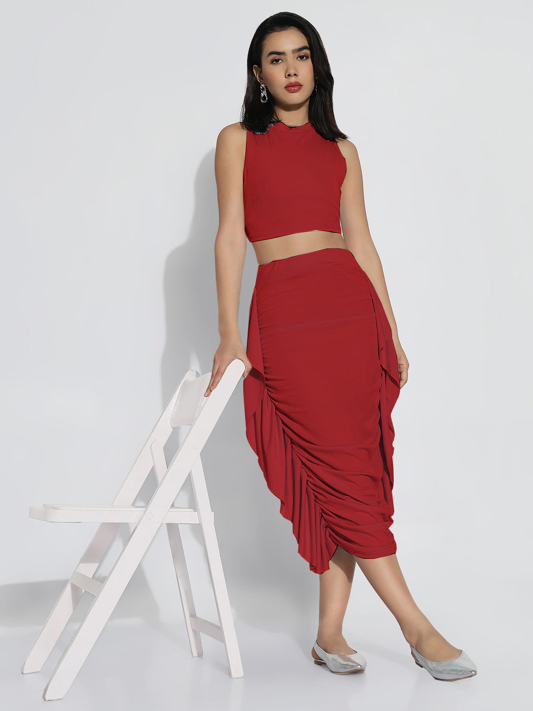 Women Red Solid Off-Shoulder Co-ords Set