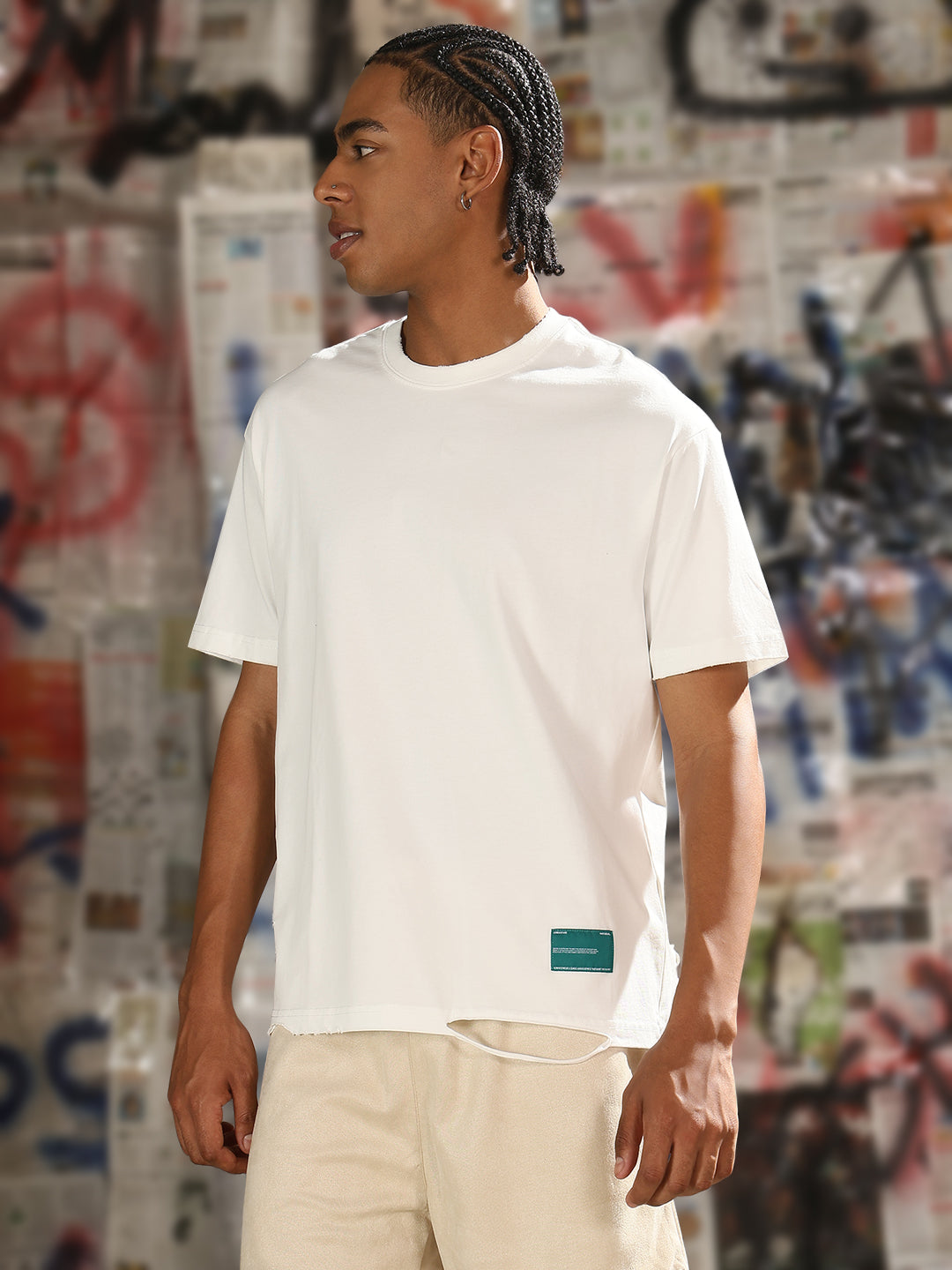 Men Casual White Solid Ripped T-Shirt