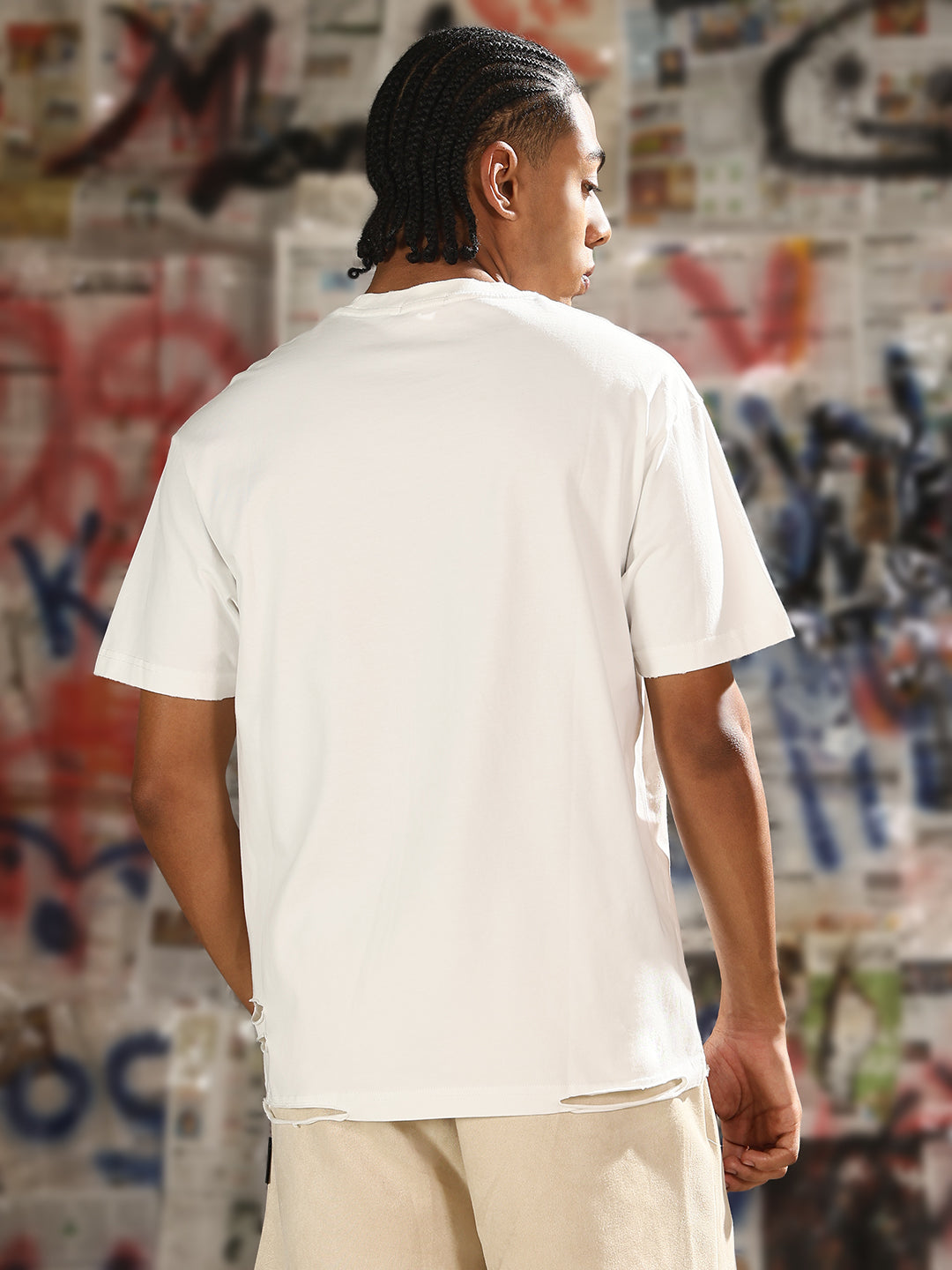 Men Casual White Solid Ripped T-Shirt