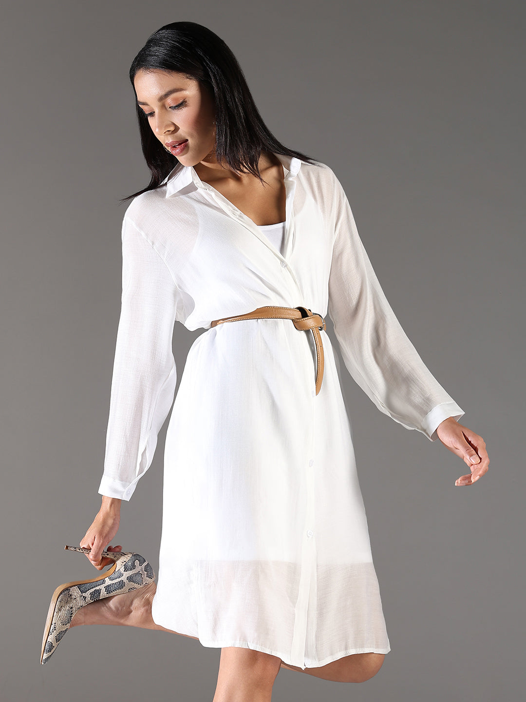 Women White Solid Shirt Dress