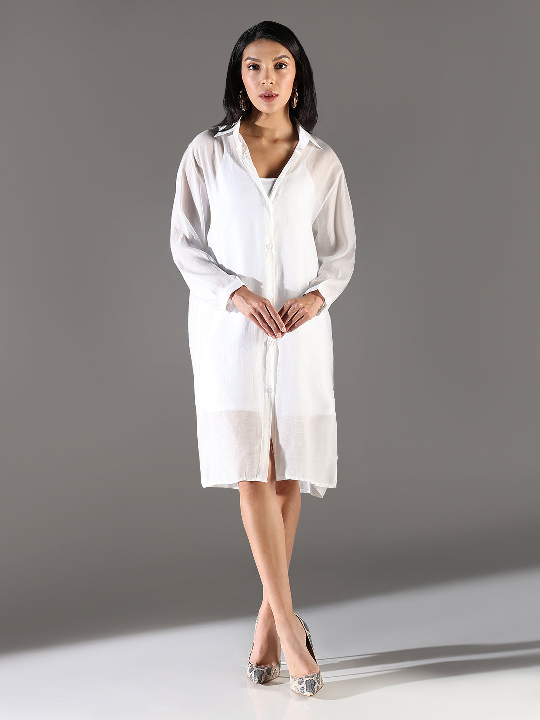 Women White Solid Shirt Dress