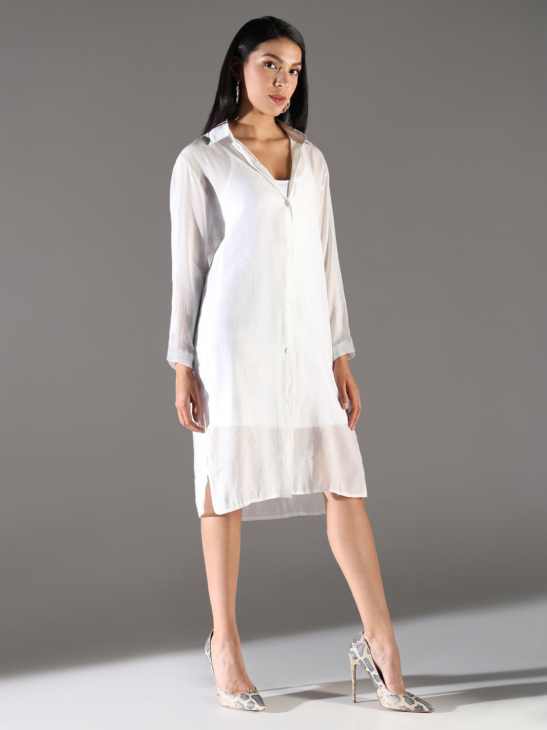 Women White Solid Shirt Dress