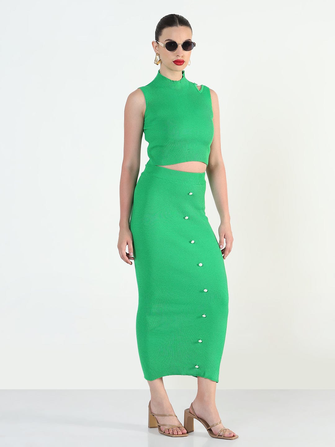 Women's Ribbed Green Sleeveless Top with Skirt Co-Ords Set