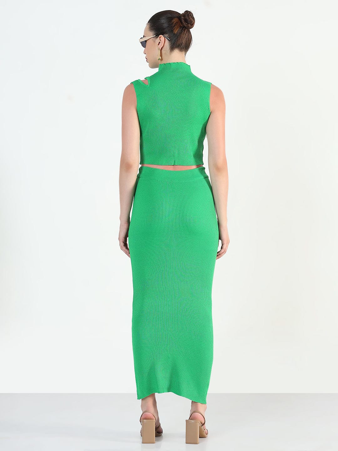 Women's Ribbed Green Sleeveless Top with Skirt Co-Ords Set