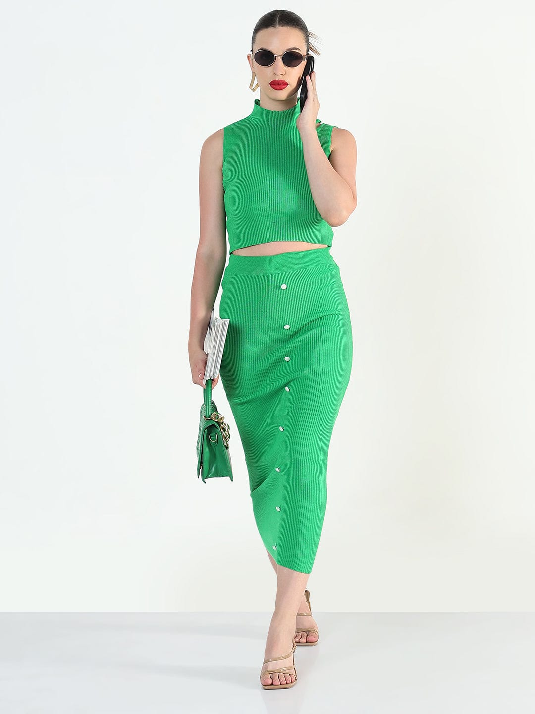 Women's Ribbed Green Sleeveless Top with Skirt Co-Ords Set