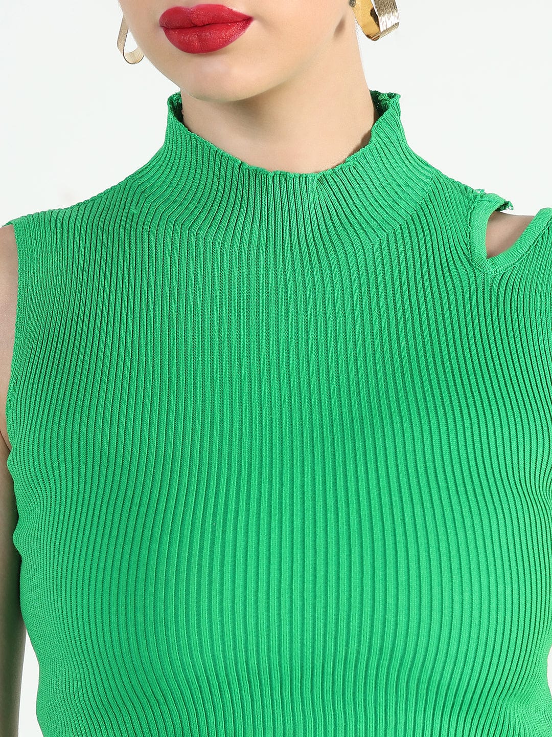 Women's Ribbed Green Sleeveless Top with Skirt Co-Ords Set