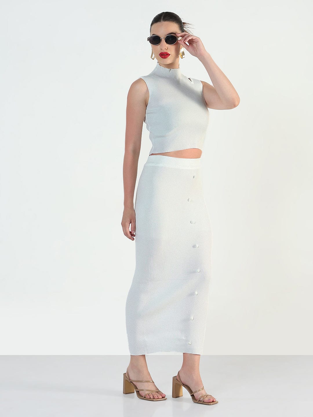 Women's Ribbed White Sleeveless Top with Skirt Co-Ords Set