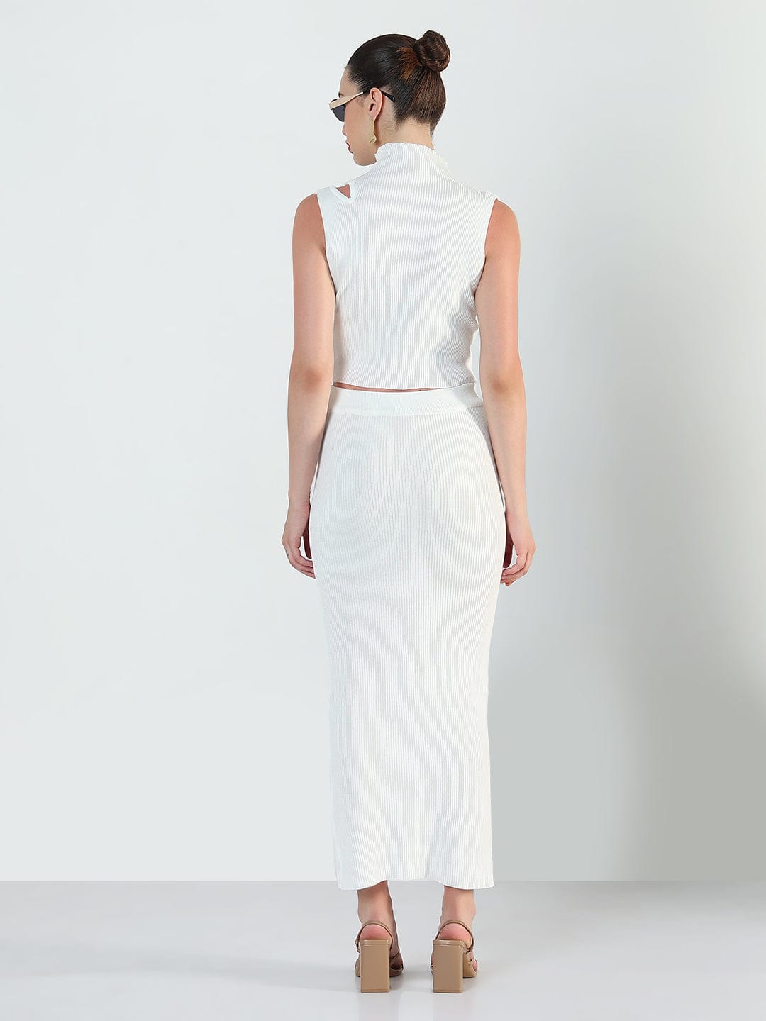 Women's Ribbed White Sleeveless Top with Skirt Co-Ords Set