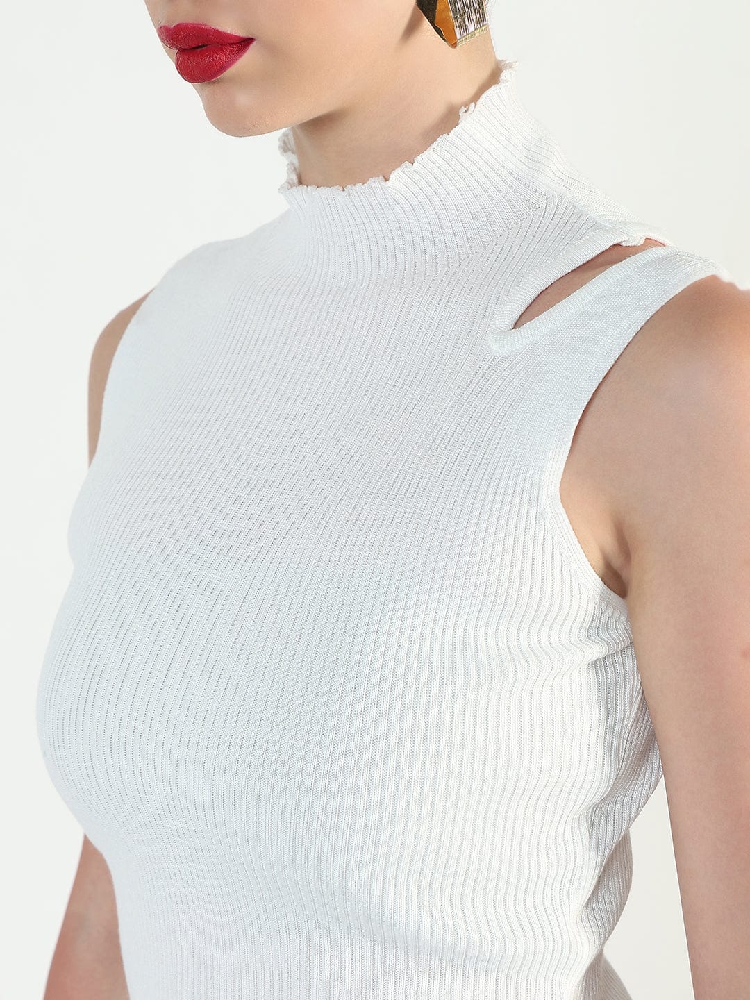 Women's Ribbed White Sleeveless Top with Skirt Co-Ords Set