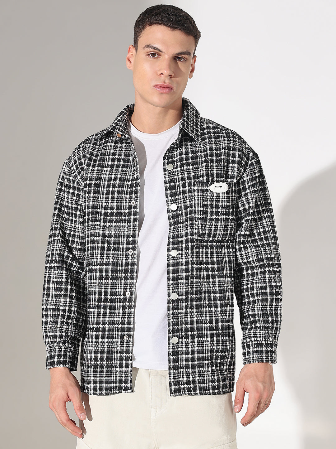Men's Checked Black Relaxed Fit Shirt with Chest Pockets