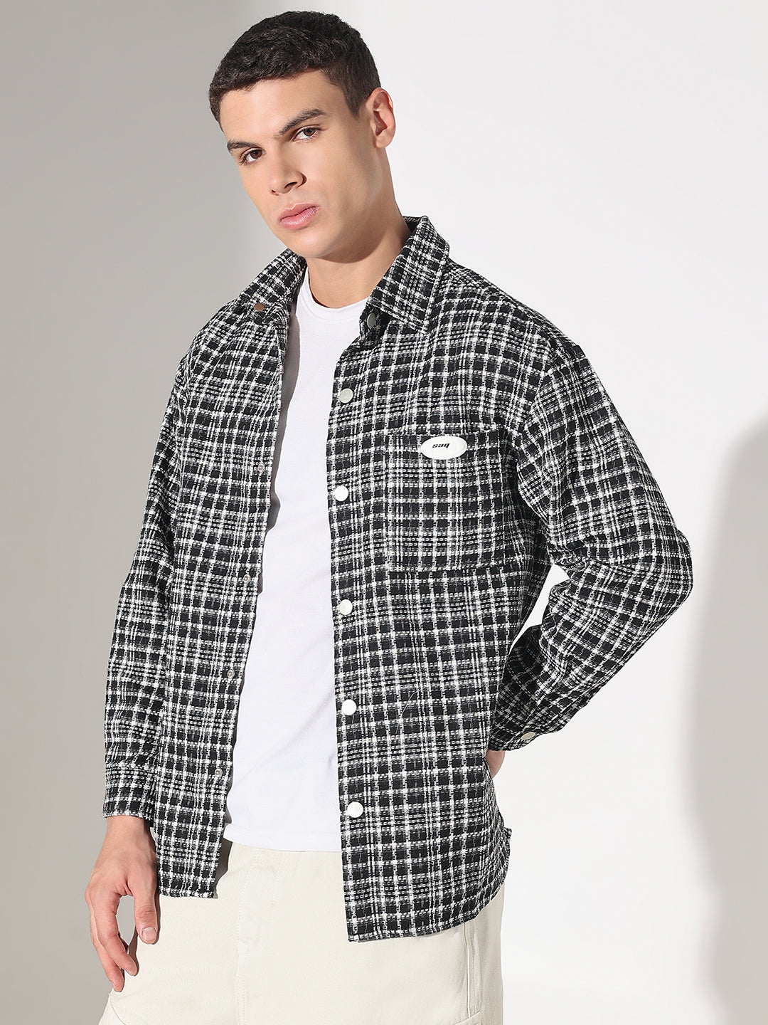 Men's Checked Black Relaxed Fit Shirt with Chest Pockets