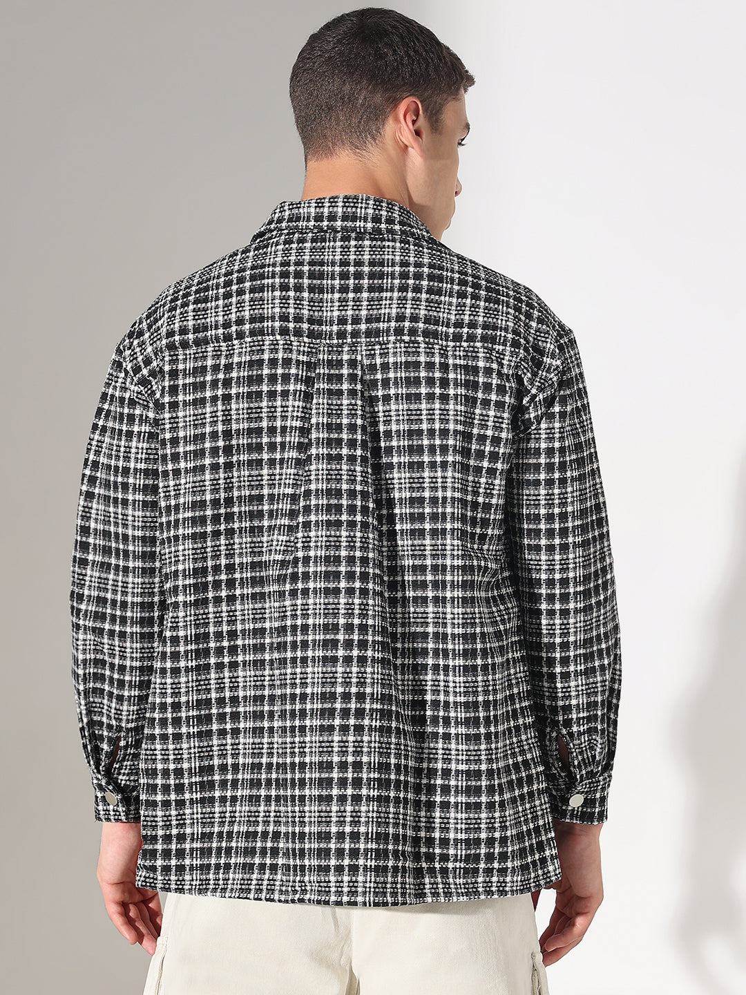 Men's Checked Black Relaxed Fit Shirt with Chest Pockets