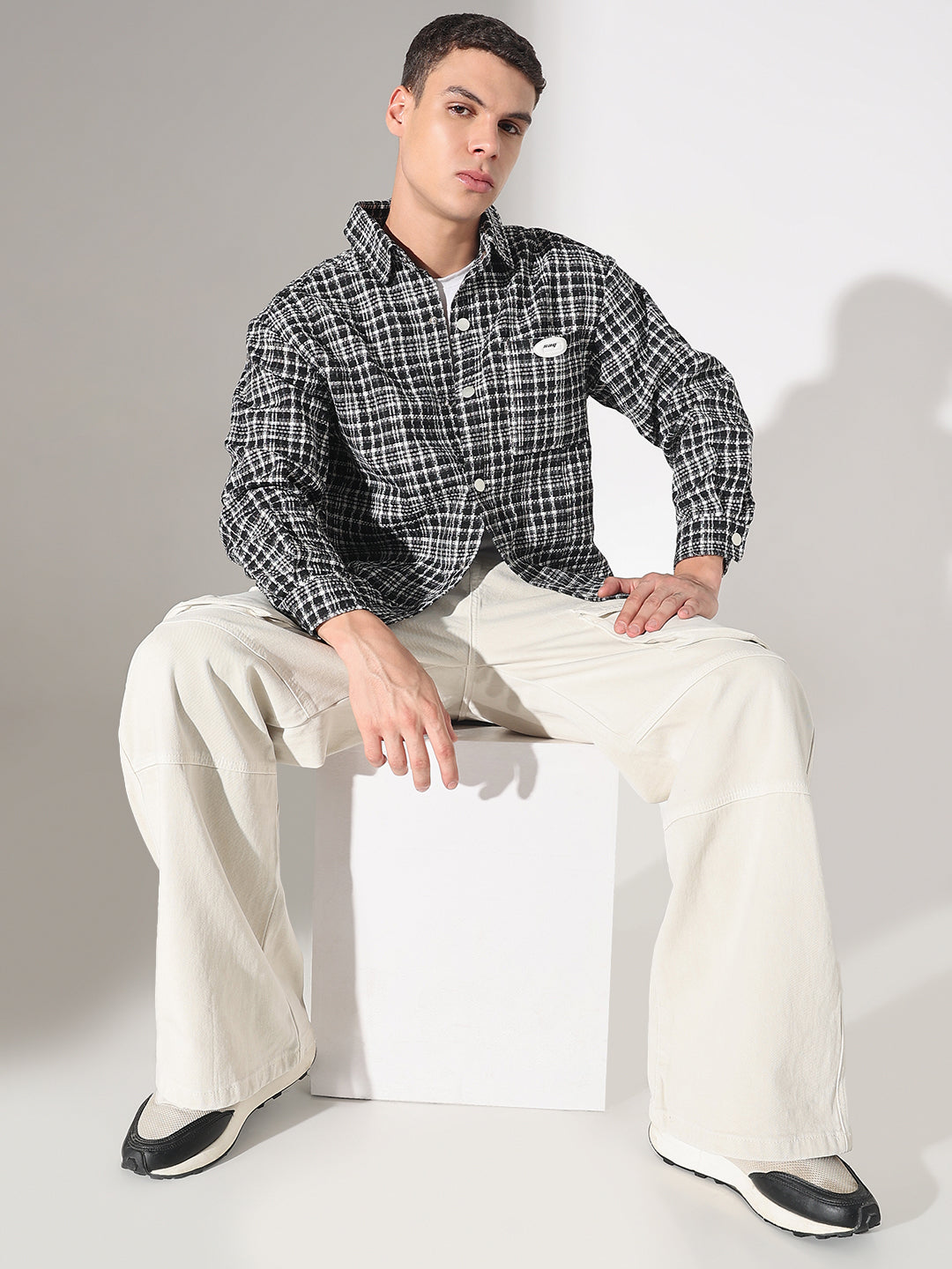 Men's Checked Black Relaxed Fit Shirt with Chest Pockets