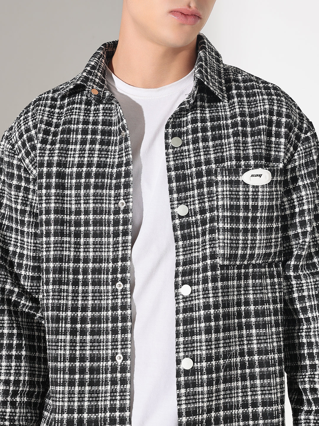 Men's Checked Black Relaxed Fit Shirt with Chest Pockets