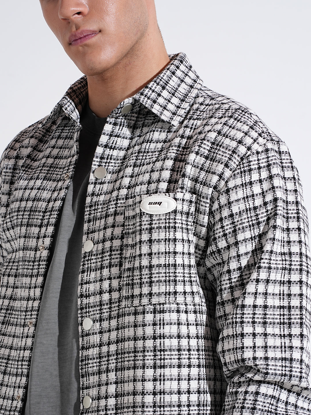 Men's Checked White Relaxed Fit Shirt with Chest Pockets