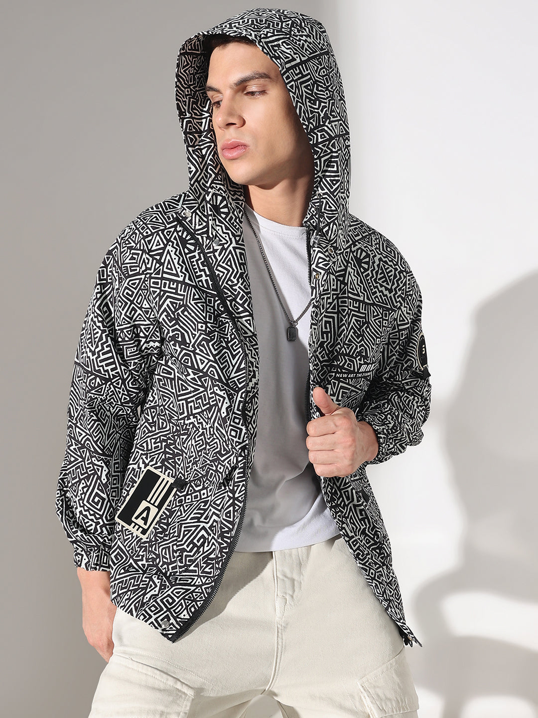 Men's Abstract Black Hooded Zipper Jacket