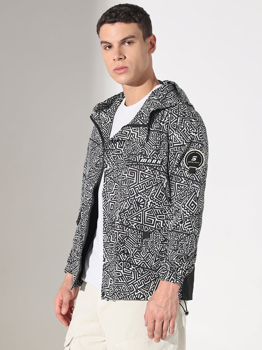 Men's Abstract Black Hooded Zipper Jacket
