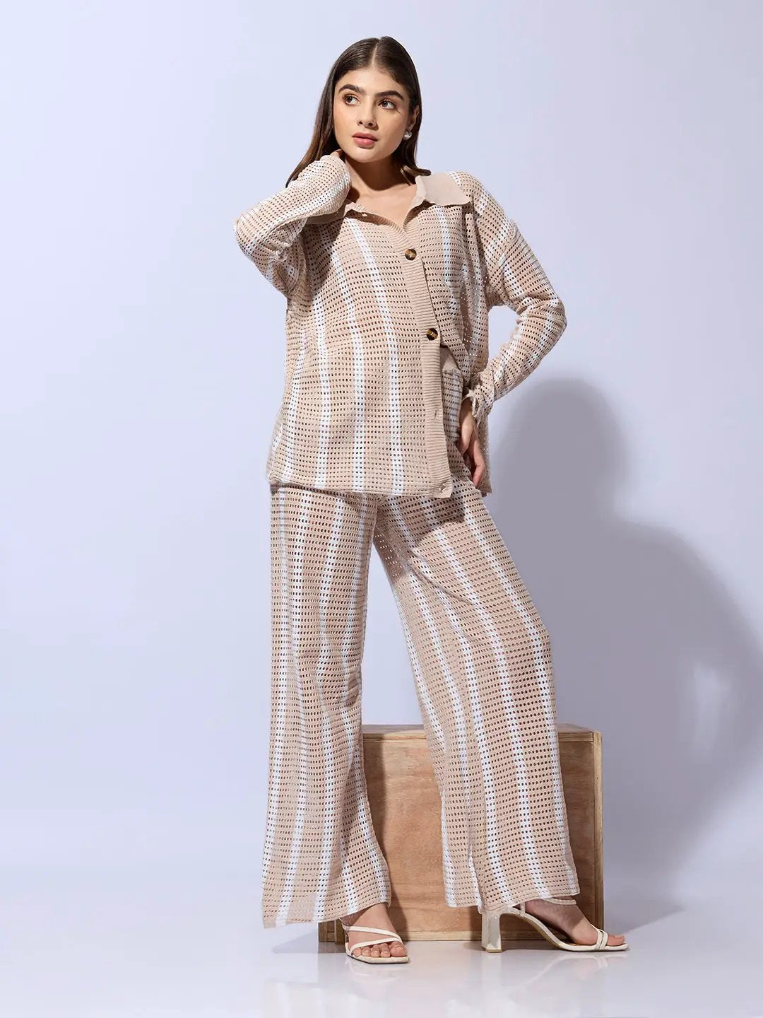 Women's Striped Beige Crochet Shirt with Trouser Co-ord Set