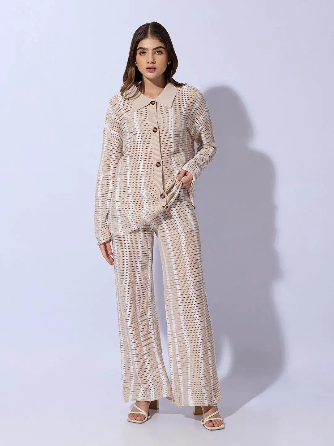 Women's Striped Beige Crochet Shirt with Trouser Co-ord Set