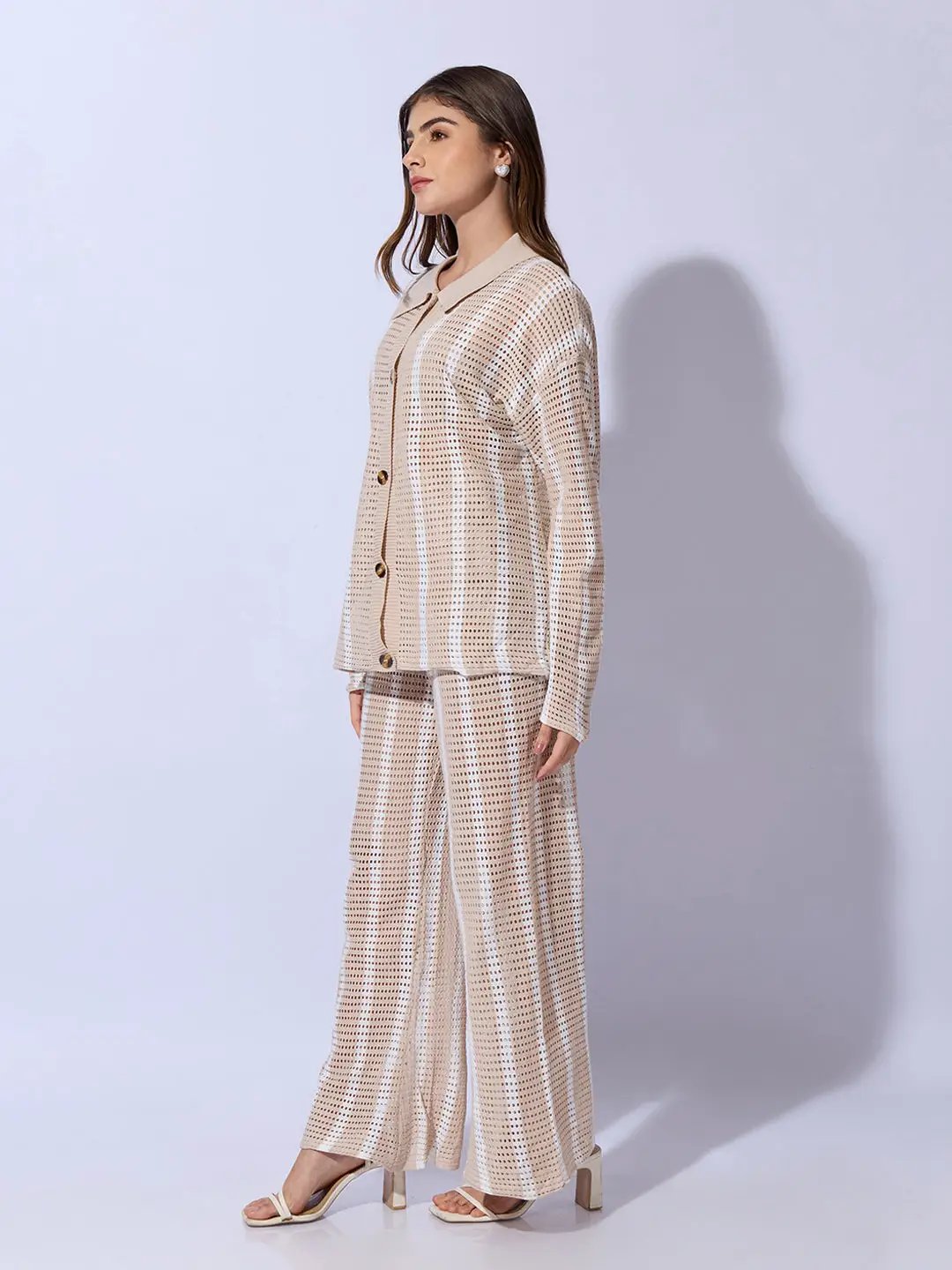 Women's Striped Beige Crochet Shirt with Trouser Co-ord Set