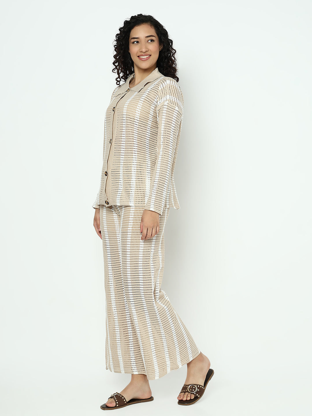 Women's Striped Beige Crochet Shirt with Trouser Co-ord Set
