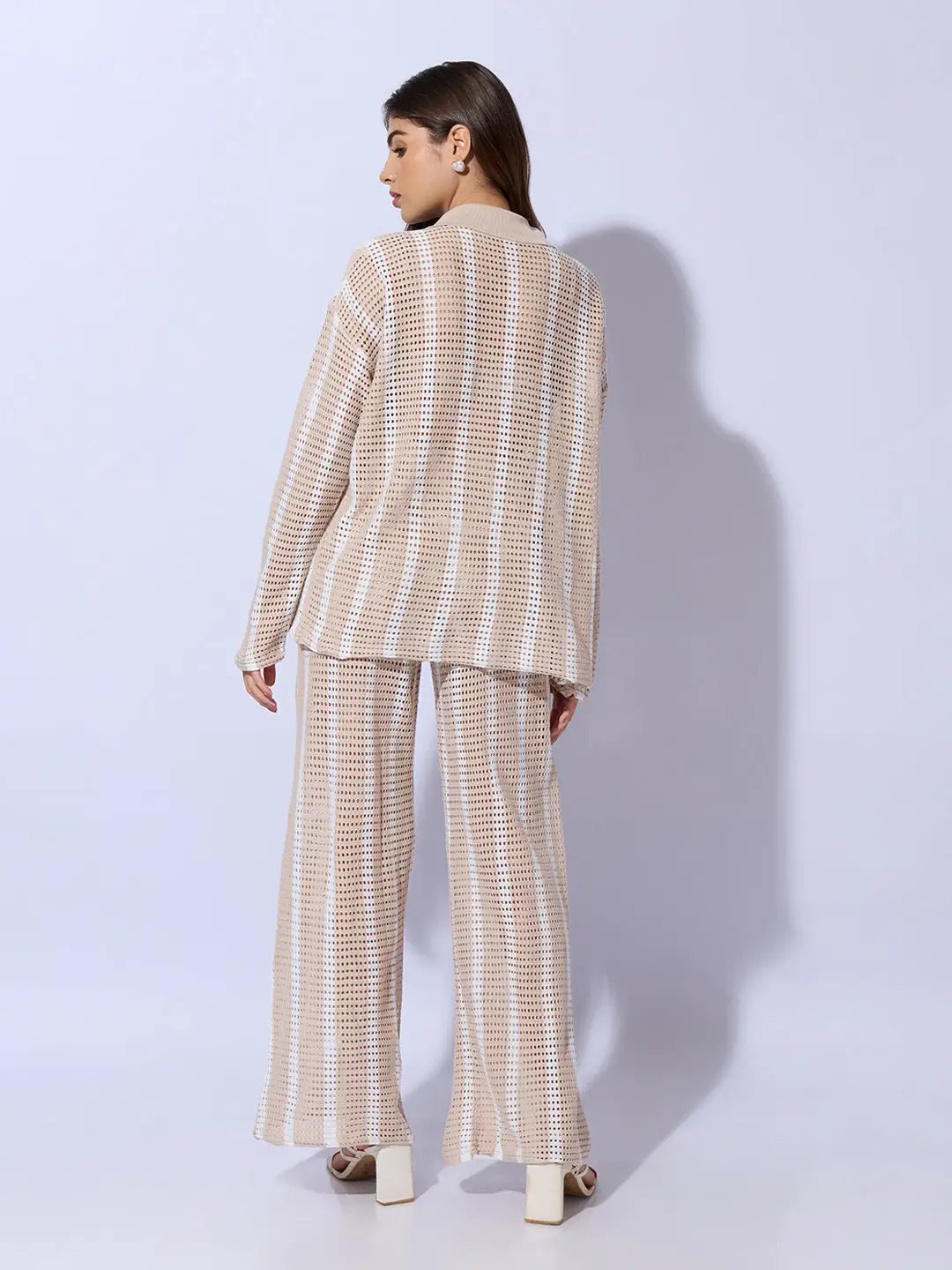 Women's Striped Beige Crochet Shirt with Trouser Co-ord Set