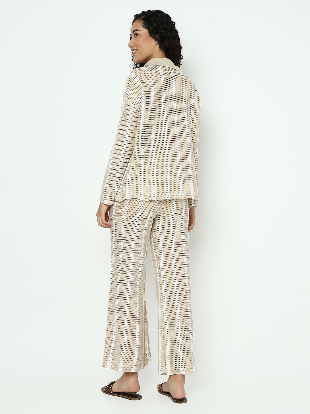 Women's Striped Beige Crochet Shirt with Trouser Co-ord Set