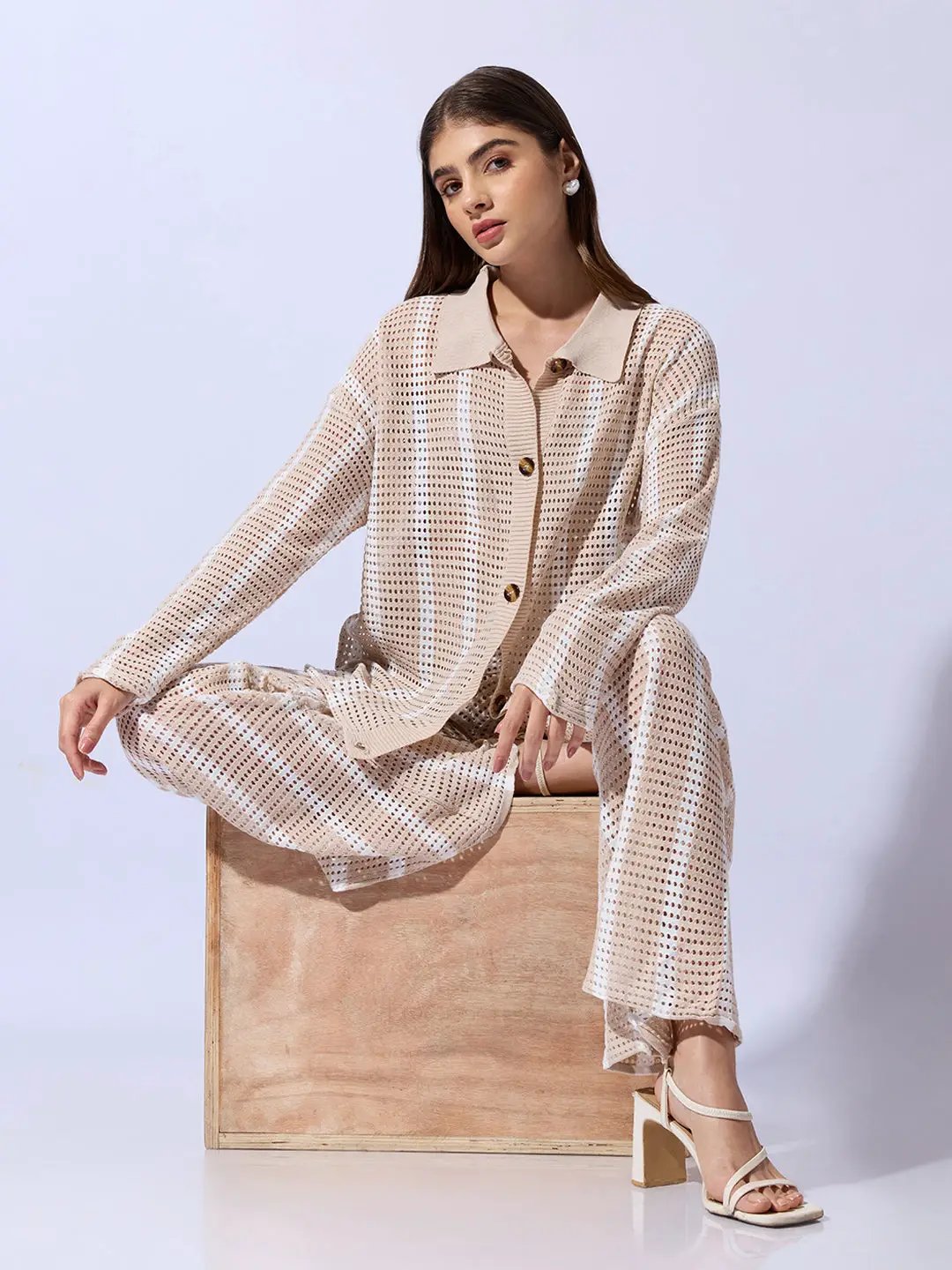 Women's Striped Beige Crochet Shirt with Trouser Co-ord Set
