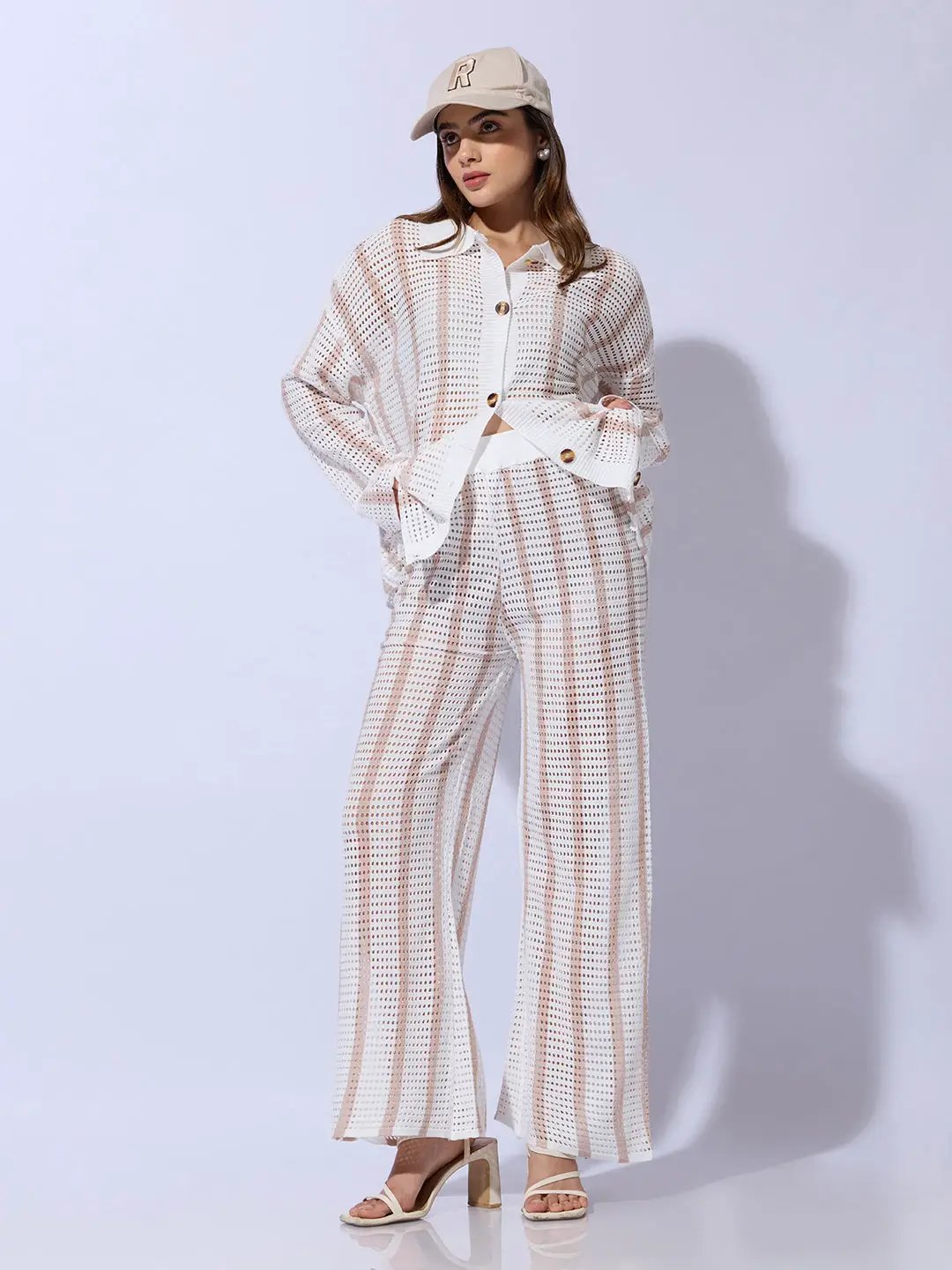 Women's Striped White Crochet Shirt with Trouser Co-ord Set