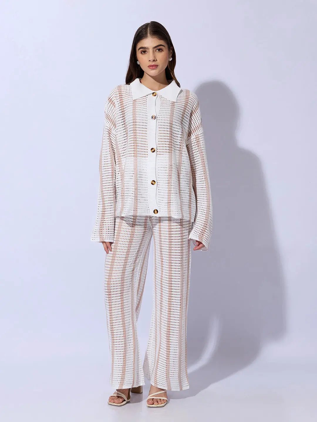 Women's Striped White Crochet Shirt with Trouser Co-ord Set
