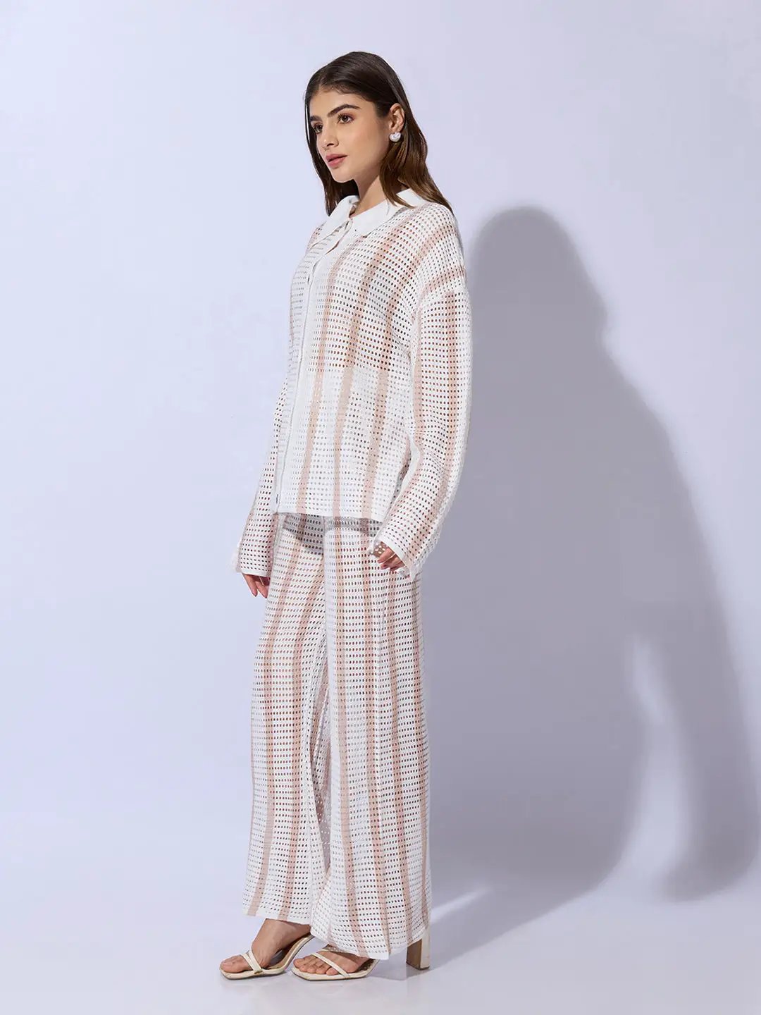 Women's Striped White Crochet Shirt with Trouser Co-ord Set - Uncategorized from SHOWOFFFF