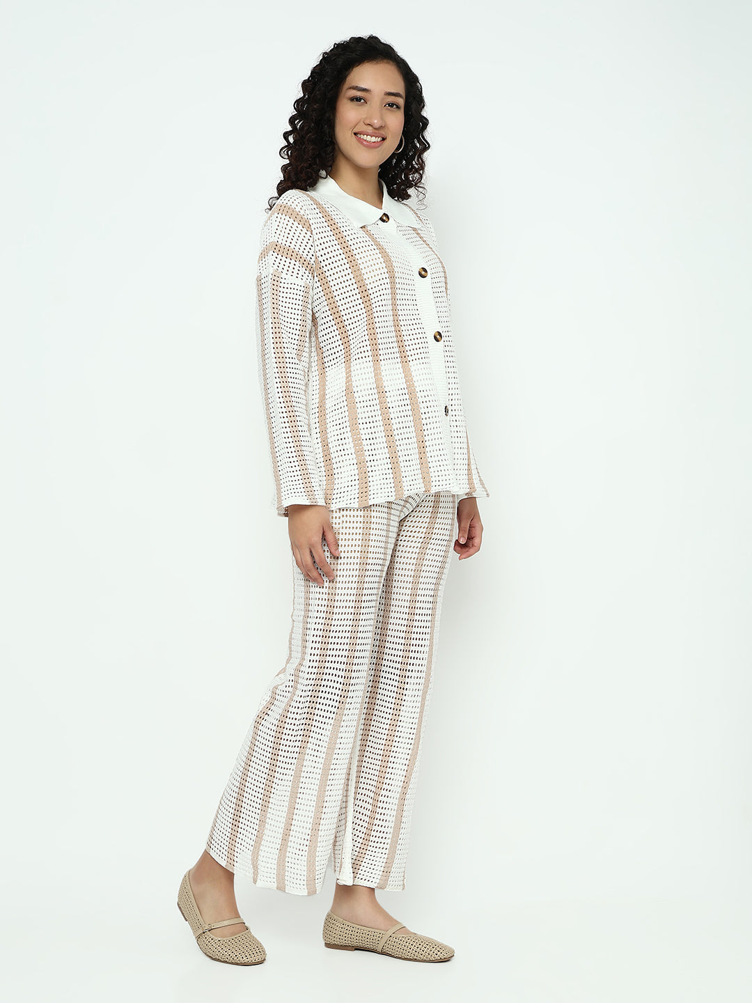 Women's Striped White Crochet Shirt with Trouser Co-ord Set