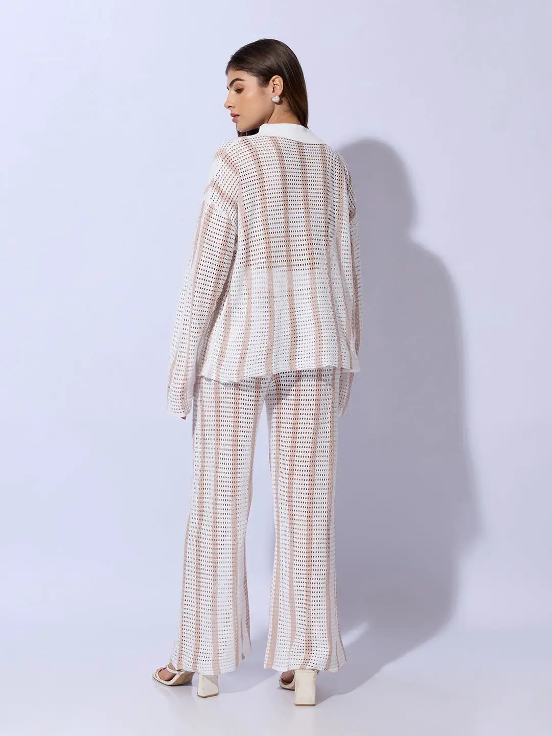 Women's Striped White Crochet Shirt with Trouser Co-ord Set - Uncategorized from SHOWOFFFF