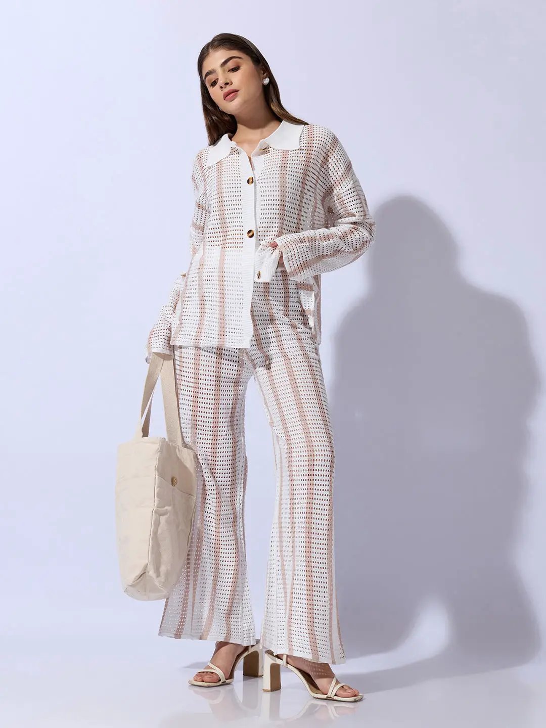 Women's Striped White Crochet Shirt with Trouser Co-ord Set - Uncategorized from SHOWOFFFF